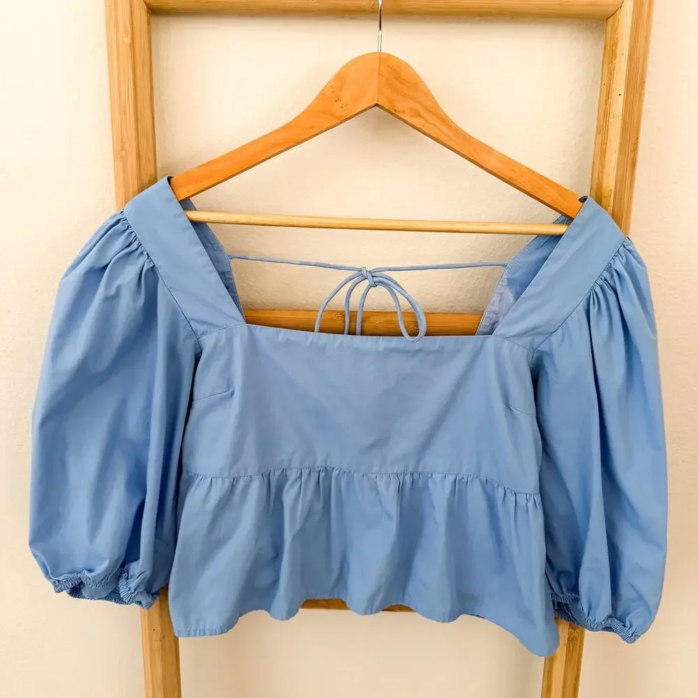 Abercrombie & Fitch Blue Puff Sleeve Tie Back Peplum Blouse Top S Cottagecore